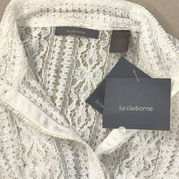 NWT Liz Claiborne Size M White Sheer Lace Button Down Short Sleeve Blouse - Picture 8 of 15